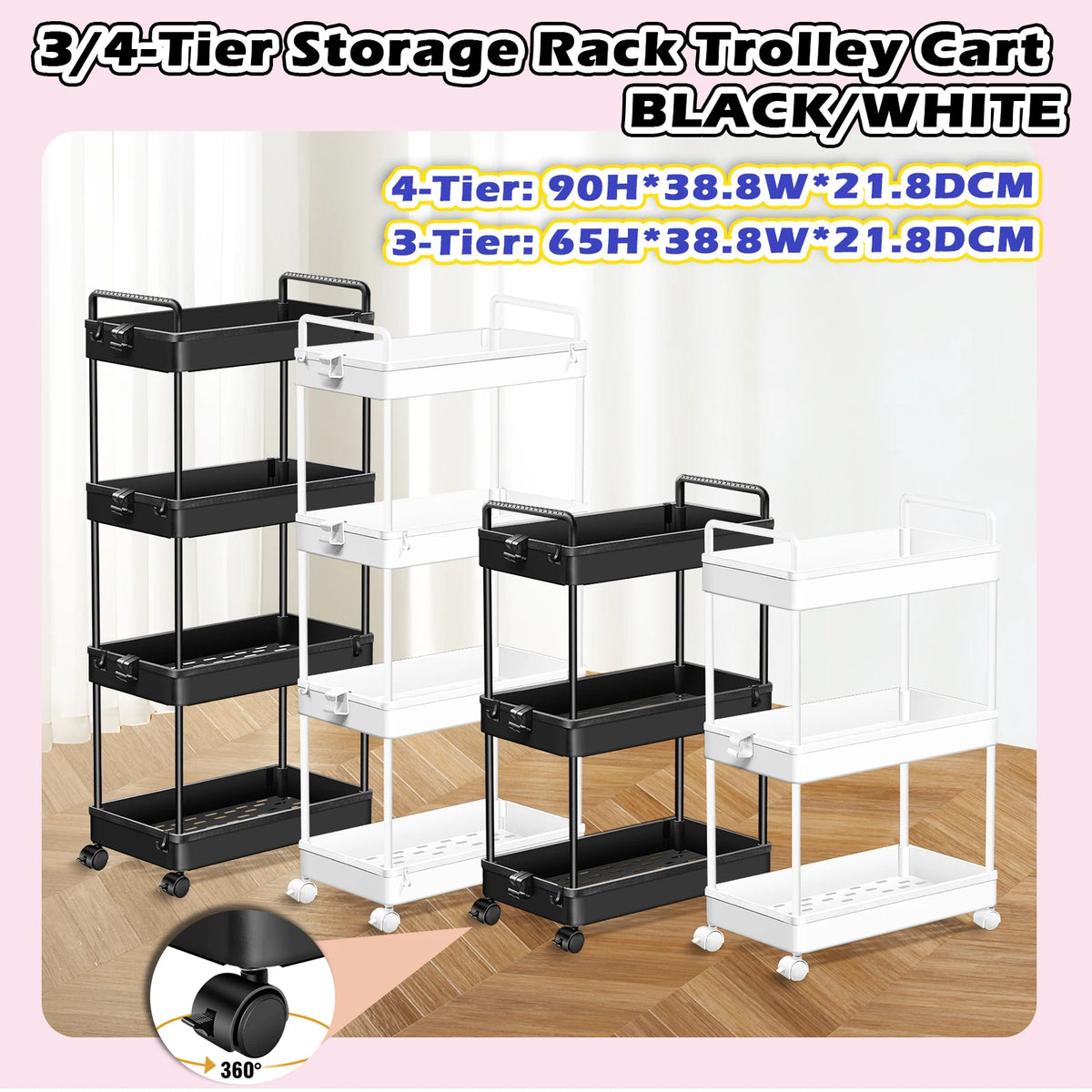 3/4-Tier Storage Rack Trolley Cart Slide Rolling Utility Mobile Shelving Storage for Kitchen Bathroom, 21.8CM DEEP, BLACK/WHITE