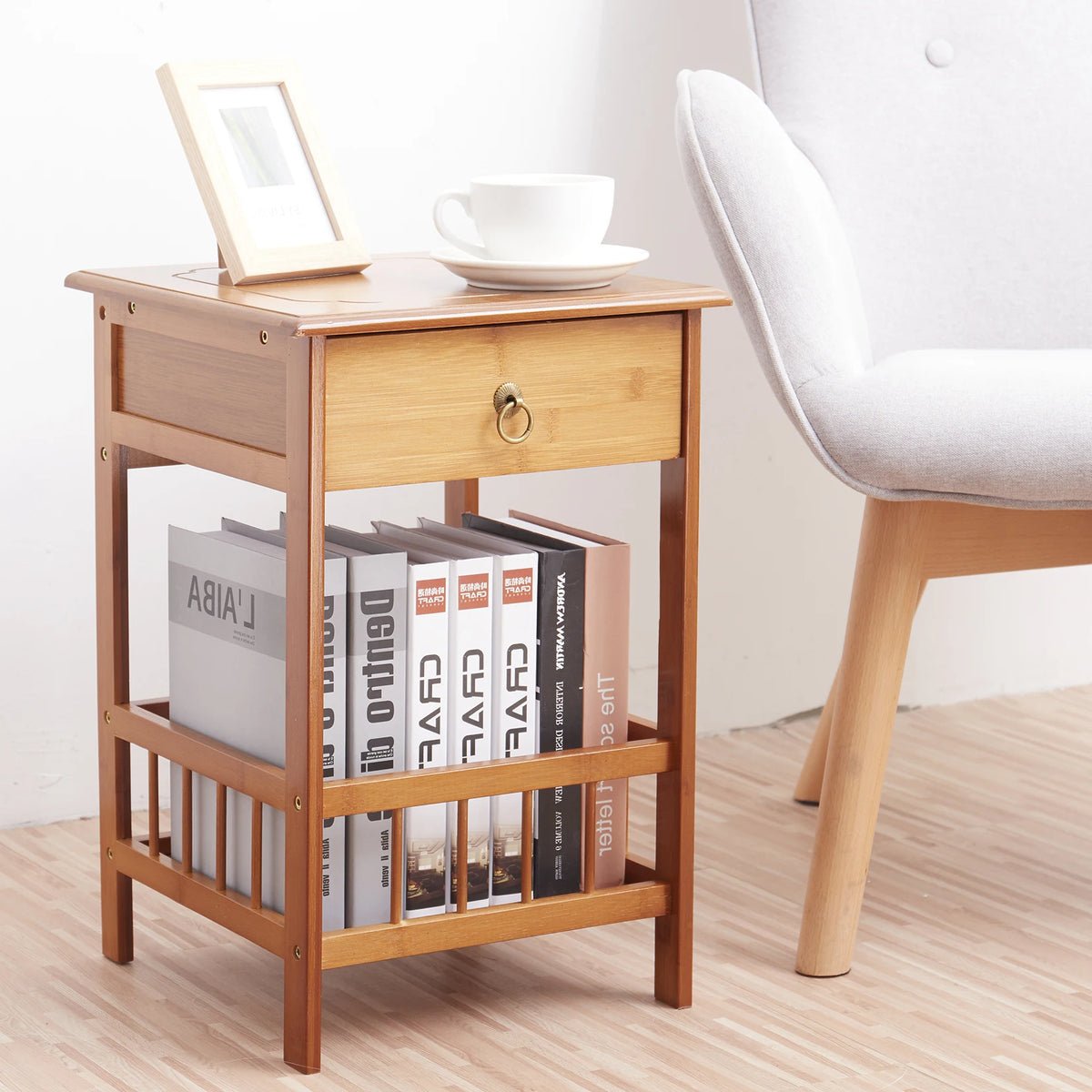 Bamboo Bedside Mesa with Drawer Dormitorio Nightstand Plant Storage Shelving Unit