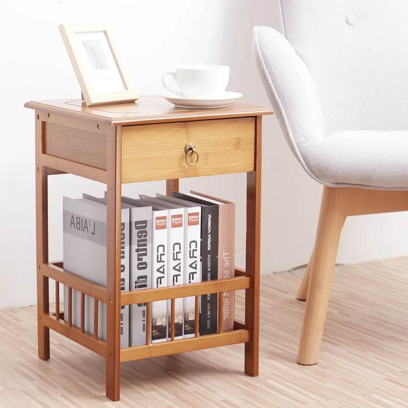 Bamboo Bedside Mesa with Drawer Dormitorio Nightstand Plant Storage Shelving Unit