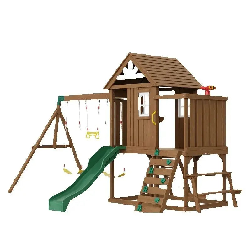 SucceBuy De madera Swing Set 9/10 IN 1 Outdoor Playground Sets for Backyards 2 Swings Trapeze Bar 6 FT Slide Large Upper Fort